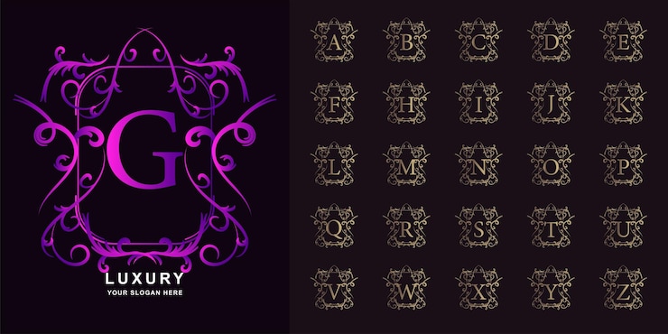 Vector letra g o alfabeto inicial de colección con plantilla de logotipo dorado de marco floral de adorno de lujo.