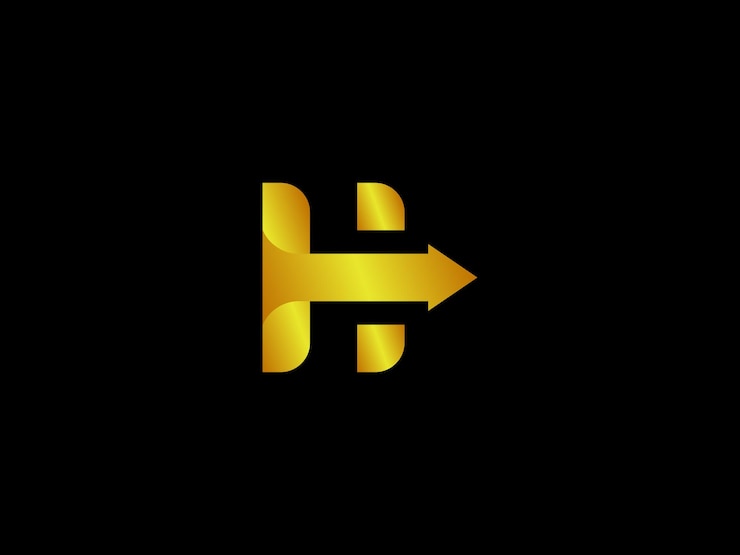 Vector letra h de oro con una flecha sobre un fondo negro