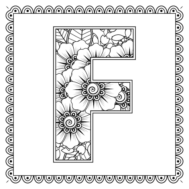 Letra A hecha de flores en estilo mehndi para colorear ilustración de vector de contorno de página de libro handdraw