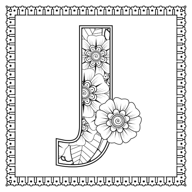 Letra A hecha de flores en estilo mehndi para colorear ilustración de vector de contorno de página de libro handdraw