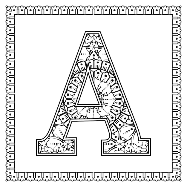 Letra A hecha de flores en estilo mehndi para colorear ilustración de vector de contorno de página de libro handdraw