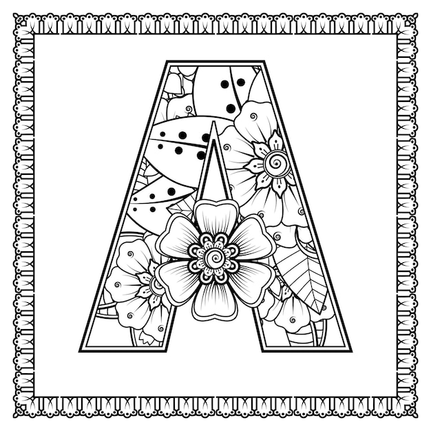 Letra A hecha de flores en estilo mehndi para colorear ilustración de vector de contorno de página de libro handdraw