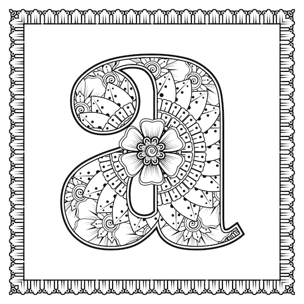 Letra A hecha de flores en estilo mehndi para colorear ilustración de vector de contorno de página de libro handdraw
