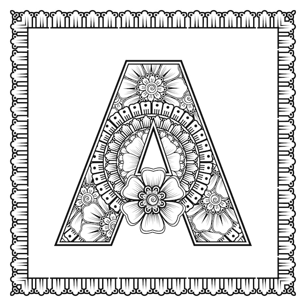Letra A hecha de flores en estilo mehndi para colorear ilustración de vector de contorno de página de libro handdraw