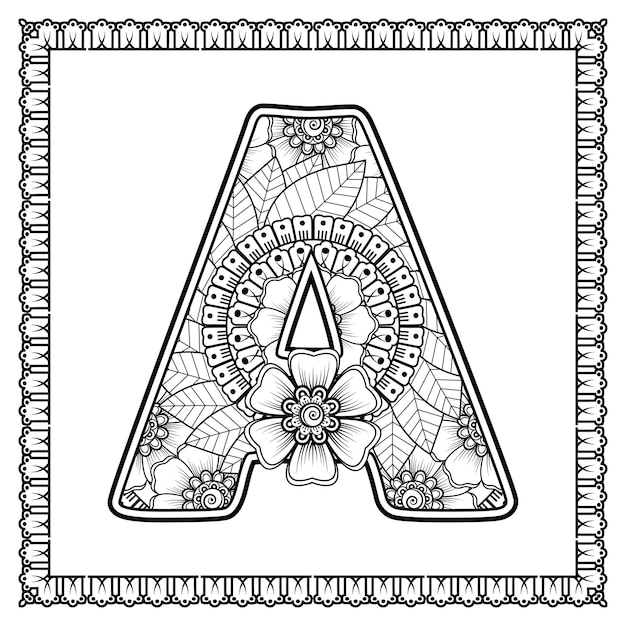 Letra A hecha de flores en estilo mehndi para colorear ilustración de vector de contorno de página de libro handdraw