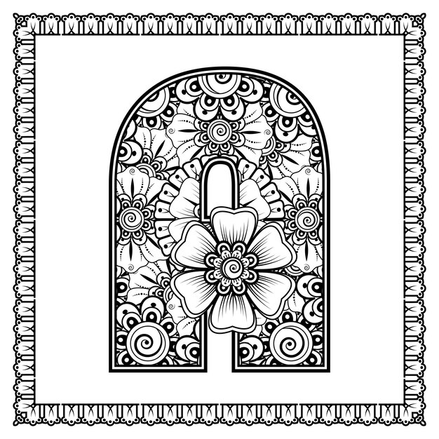 Letra A hecha de flores en estilo mehndi para colorear ilustración de vector de contorno de página de libro handdraw