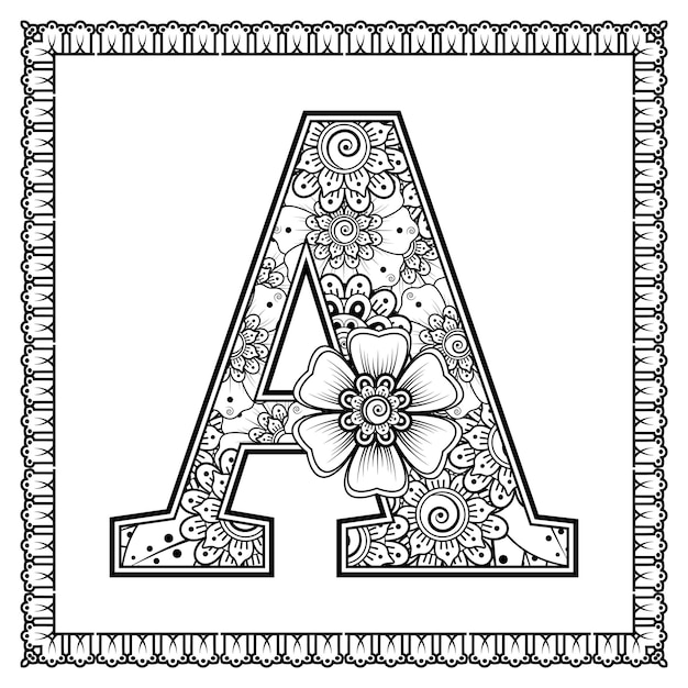 Letra A hecha de flores en estilo mehndi para colorear ilustración de vector de contorno de página de libro handdraw
