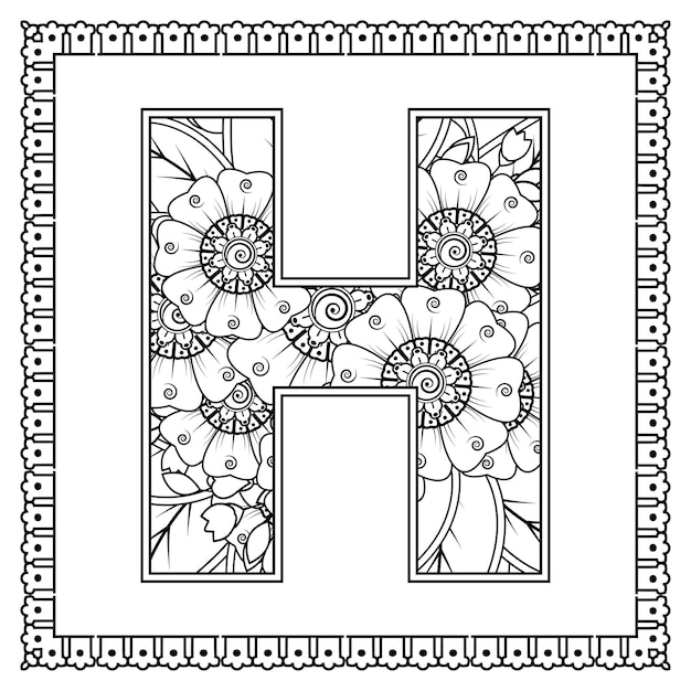 Letra A hecha de flores en estilo mehndi para colorear ilustración de vector de handdraw de contorno de página de libro