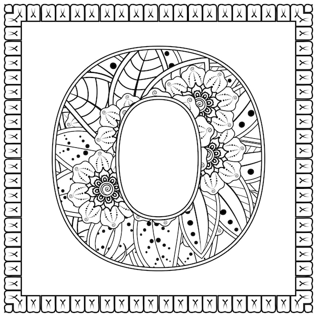 Letra A hecha de flores en estilo mehndi para colorear ilustración de vector de handdraw de contorno de página de libro