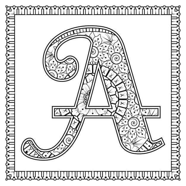 Letra A hecha de flores en estilo mehndi para colorear ilustración de vector de handdraw de contorno de página de libro