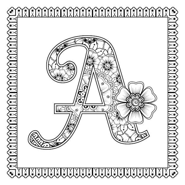 Letra A hecha de flores en estilo mehndi para colorear ilustración de vector de handdraw de contorno de página de libro