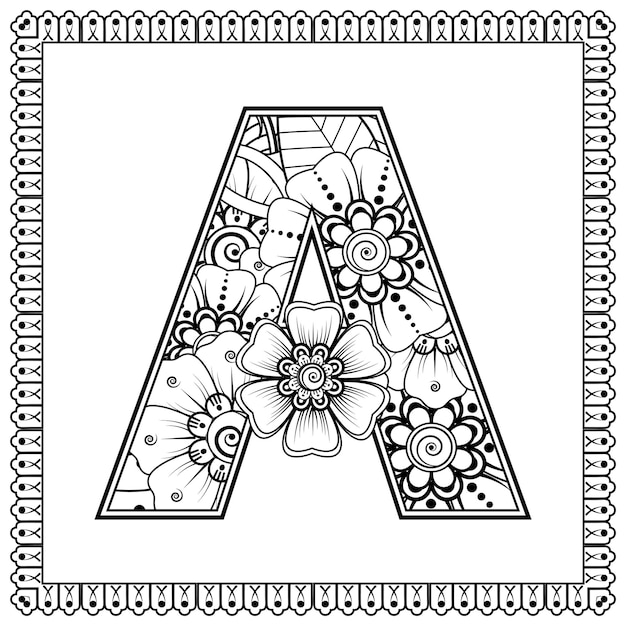 Letra A hecha de flores en estilo mehndi para colorear ilustración de vector de handdraw de contorno de página de libro