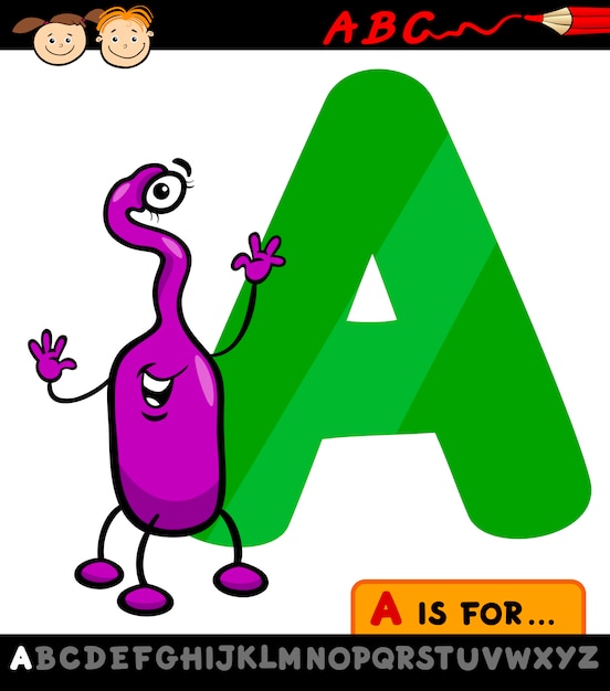 letra a con ilustración de dibujos animados alienígena