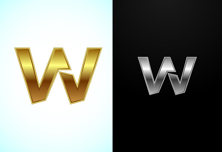 Vector letra inglesa creativa w en estilo de color dorado y plateado símbolo gráfico del alfabeto