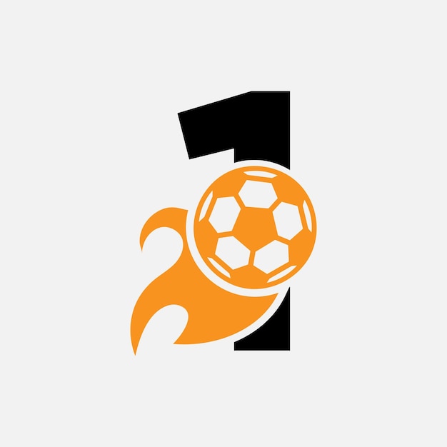 Letra inicial 1 Concepto de logotipo de fútbol con icono de fútbol en movimiento y símbolo de fuego. Logotipo de fútbol