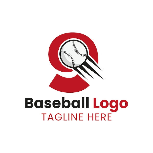 Letra inicial 9 Concepto de logotipo de béisbol con icono de béisbol en movimiento