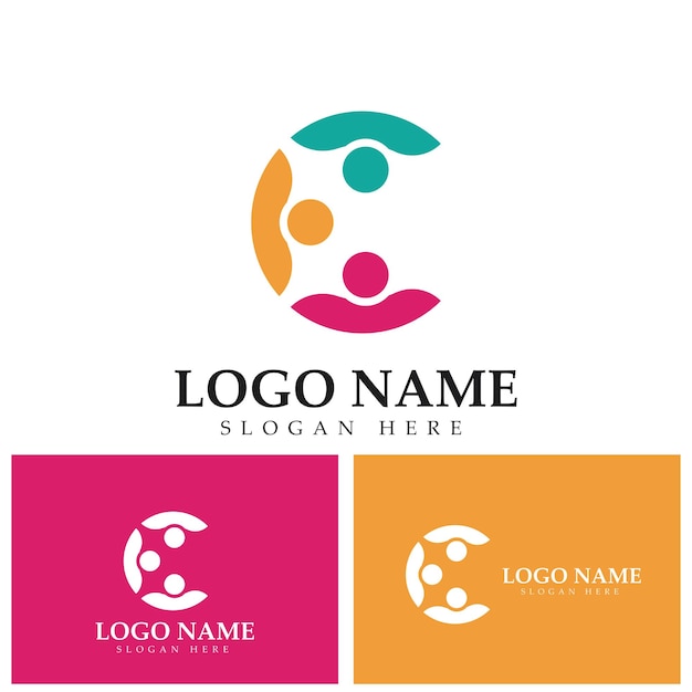 Letra inicial abstracta C que conecta la plantilla de diseño vectorial del logotipo de personas