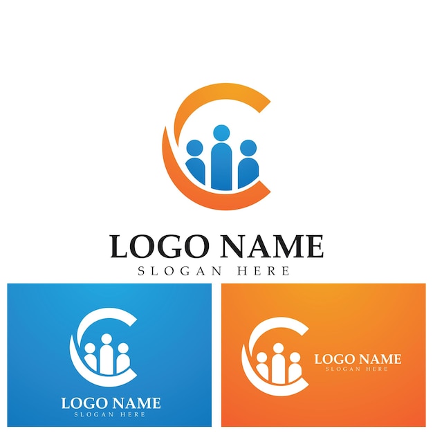 Letra inicial abstracta C que conecta la plantilla de diseño vectorial del logotipo de personas