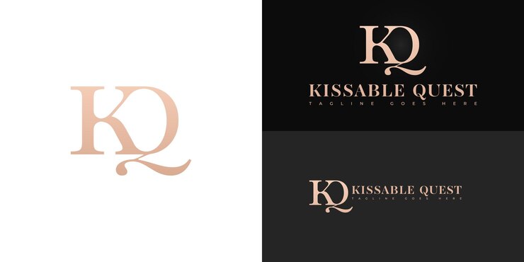 Vector letra inicial abstracta kq o qk en color dorado aislada en múltiples colores de fondo