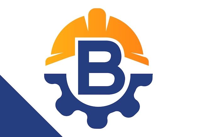 Letra inicial B con engranaje y casco Vector de diseño del logotipo del ingeniero de engranajes