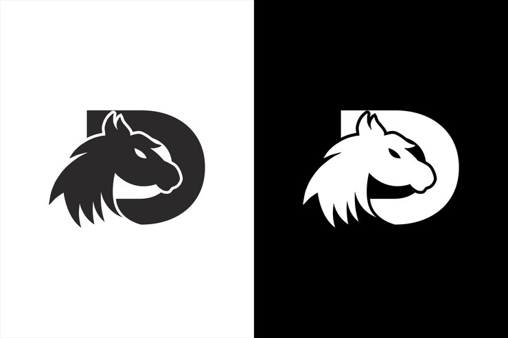 Letra inicial D con diseño de logotipo de vector de caballo. Emblema de icono de plantilla de ilustración de letra D de caballo