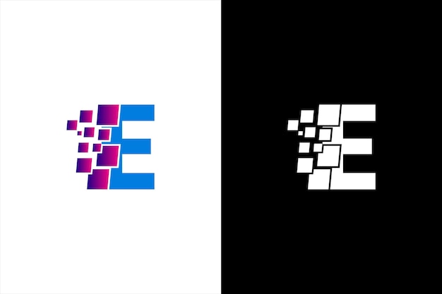 La letra inicial E es el elemento de plantilla de diseño del logotipo de píxeles digitales La letra E es el triángulo del logotipo del píxeles