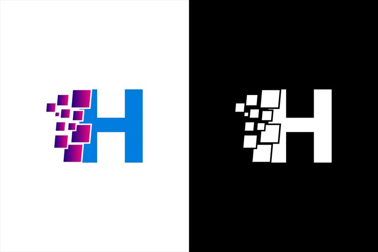 La letra inicial H es el elemento de plantilla de diseño del logotipo de píxel digital La letra H es el triángulo del logotipo del píxel