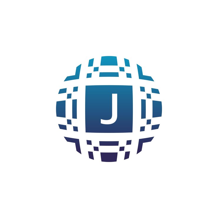 Vector letra inicial j círculo tecnología digital logotipo de emblema de píxel electrónico