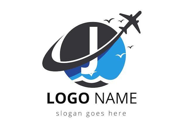 Letra inicial J con diseño de logotipo de viaje Aire Compañía aérea Avión y plantilla de diseño de logotipo de viaje