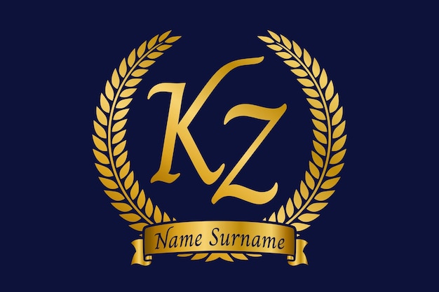 Letra inicial K y Z KZ monograma diseño del logotipo con corona de laurel fuente de caligrafía dorada de lujo