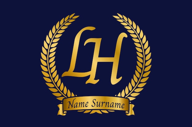 Letra inicial L y H Diseño del logotipo del monograma LH con corona de laurel Fuente de caligrafía dorada de lujo