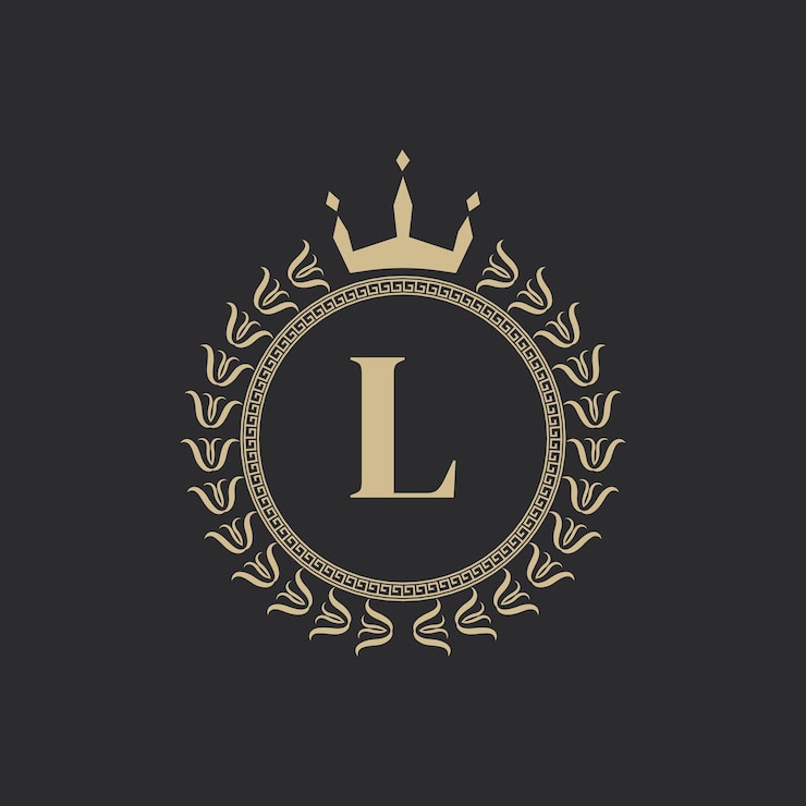 Vector letra inicial l marco real heráldico con corona y corona de laurel emblema clásico simple