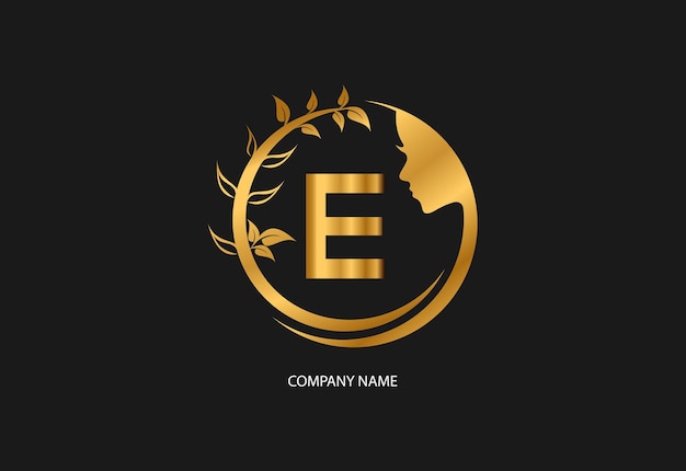 Vector la letra inicial del logotipo de belleza e con color de estilo dorado y hoja plantilla del logotipo de belleza natural