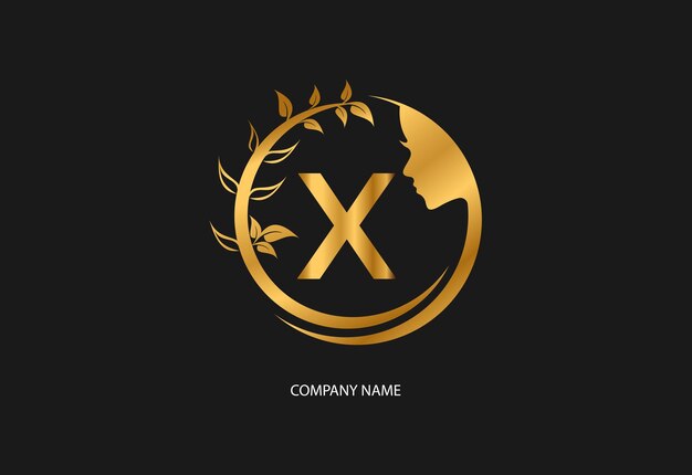 La letra inicial del logotipo de belleza X con color de estilo dorado y hoja Plantilla del logotipo de belleza natural