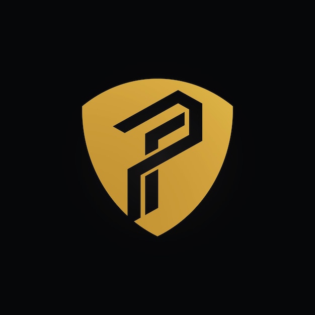 Letra inicial del logotipo IP o PI con escudo Icono color dorado aislado sobre fondo negro