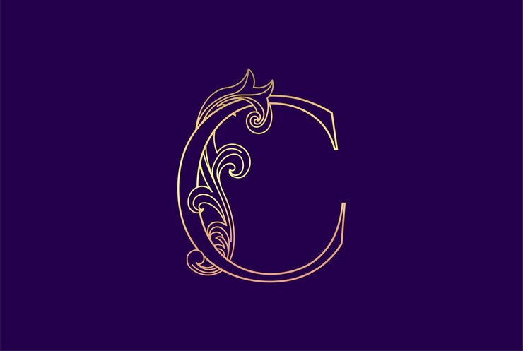 Vector letra inicial de lujo elegante dorada c con logotipo de adorno floral en espiral y fondo violeta oscuro
