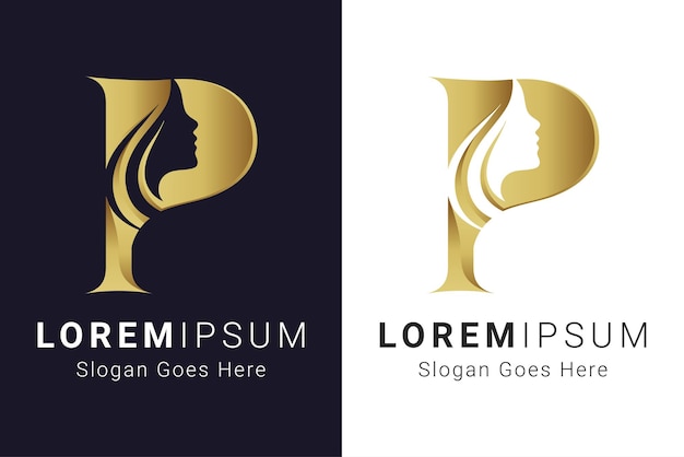 Letra inicial de lujo P con diseño de logotipo de cara de belleza Letra P con logotipo de corona