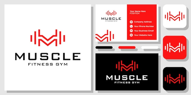 Letra inicial m barbell fitness gym muscle dumbbell diseño de logotipo fuerte con plantilla de tarjeta de visita