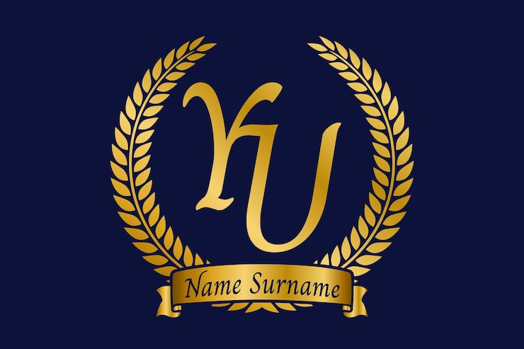 Vector la letra inicial y y el monograma u yu diseño del logotipo con corona de laurel fuente de caligrafía dorada de lujo