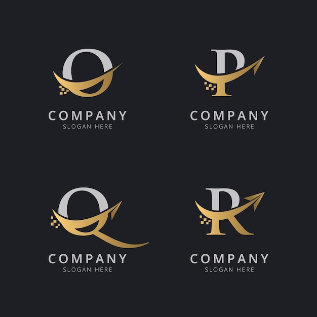 Letra inicial OPQ y R con plantilla de logotipo de swoosh dorado de lujo