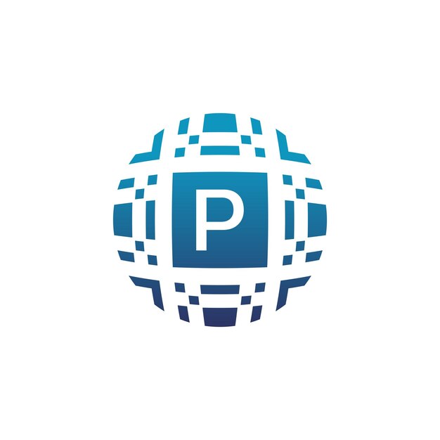 Letra inicial P círculo tecnología digital logotipo de emblema de píxel electrónico