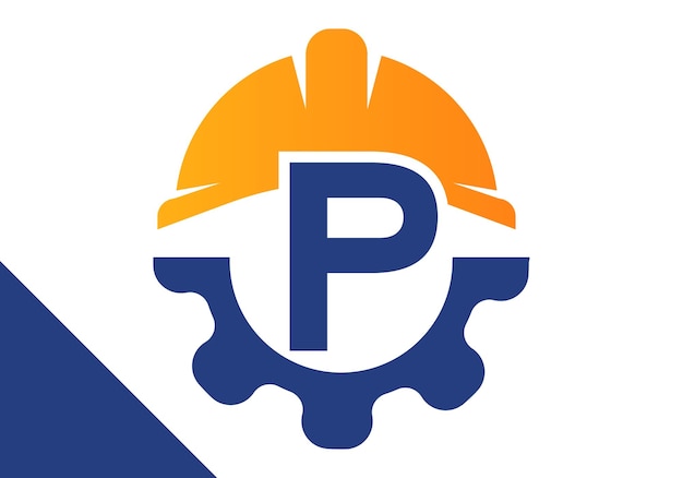 Letra inicial P con engranaje y casco Vector de diseño del logotipo del ingeniero de engranajes