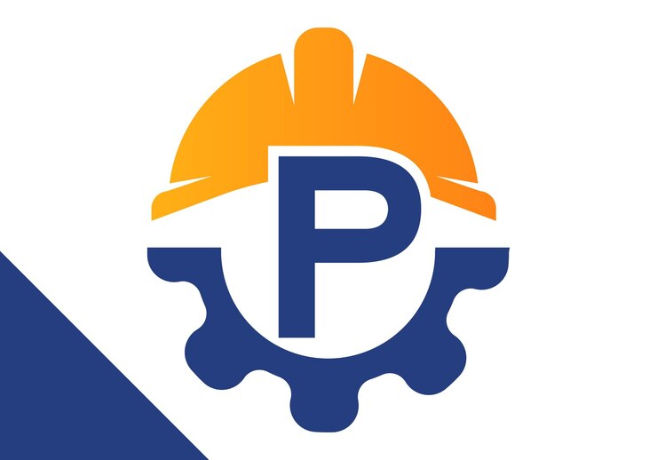 Vector letra inicial p con engranaje y casco vector de diseño del logotipo del ingeniero de engranajes