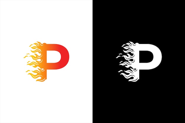 Letra inicial P y forma de fuego con estilo de logotipo de cinta en color degradado Logotipo de letra P llamas de fuego