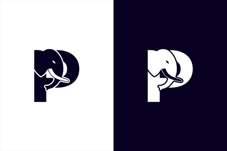Letra inicial P con logotipo de vector abstracto de elefante. Diseño moderno del logotipo del alfabeto de la letra P del elefante