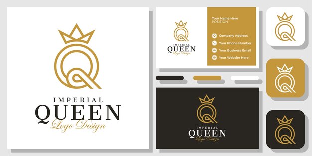 Letra inicial Q Crown Gold Luxury Elegante Diseño de logotipo clásico clásico con plantilla de tarjeta de visita
