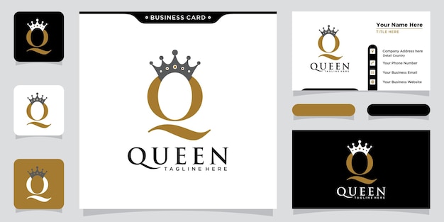 Letra inicial Q Crown Gold Luxury Elegante Diseño de logotipo clásico clásico con plantilla de tarjeta de visita