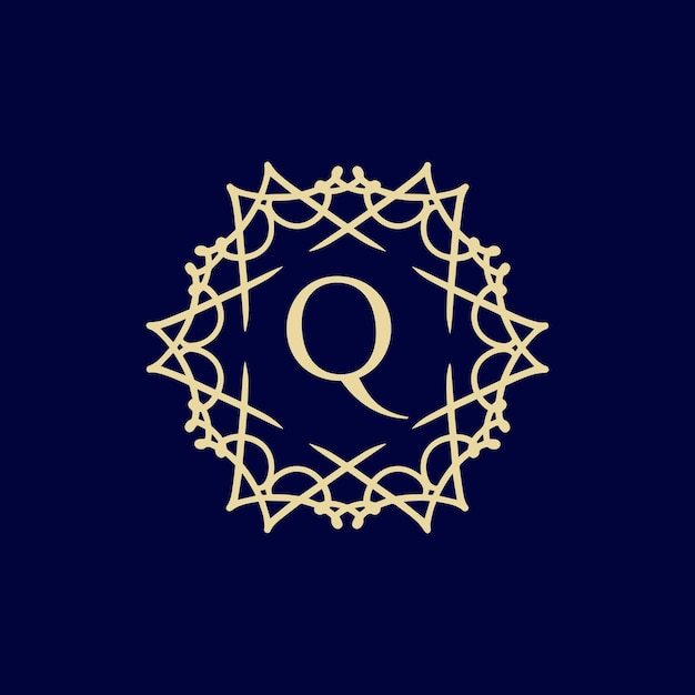 La letra inicial Q es el logotipo del marco de círculo con borde ornamental floral.