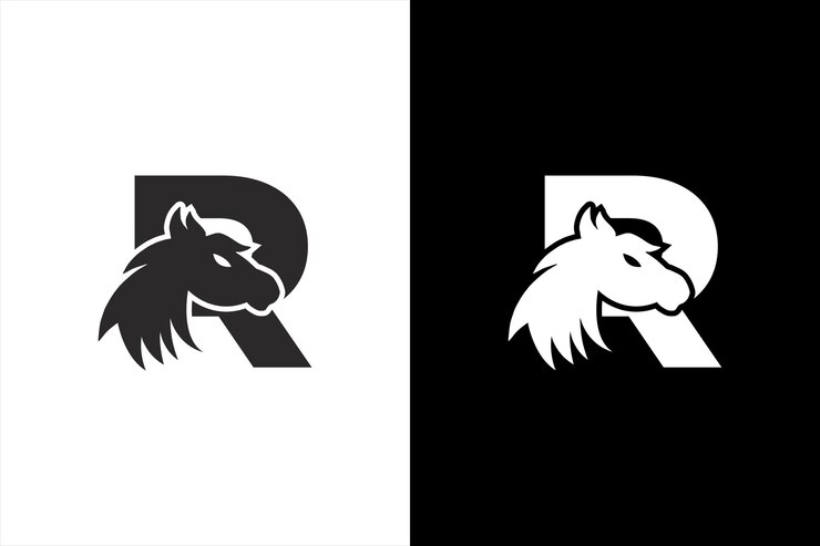 Letra inicial R con diseño de logotipo de vector de caballo. Caballo Letra R Ilustración Plantilla Icono emblema
