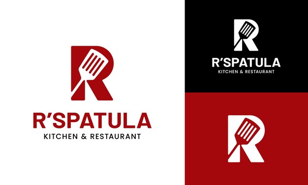 La letra inicial R es una plantilla de diseño de logotipo de espátula adecuada para restaurantes, cocinas, bistros, cafés y catering.